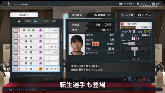 ドラフトで転生選手が登場